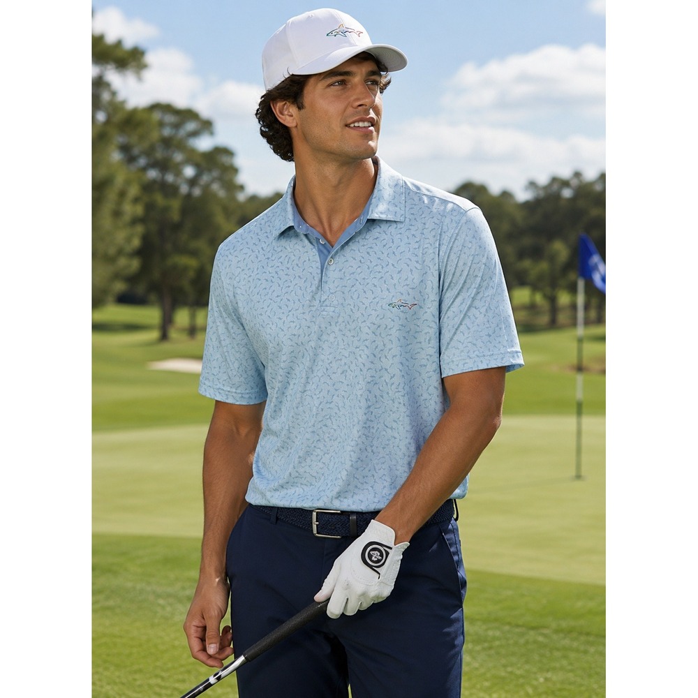 Greg Norman Mens XXL Play Dry Shark Print Golf Polo Shirt Blue NWT
